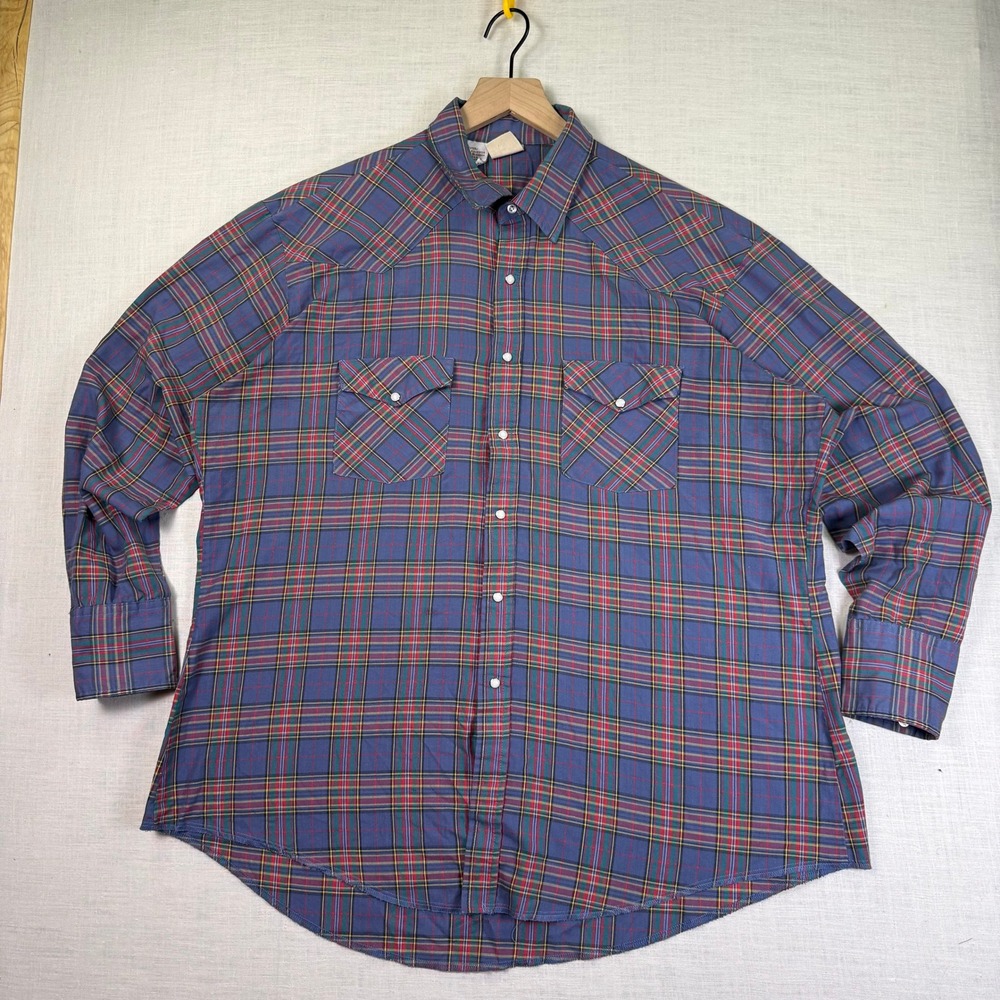 VTG Western Pearl Snap Plaid Western Frontier Mens XL Shirt Blue Multi Yoke USA